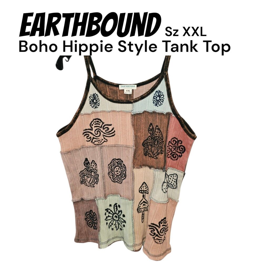 Earthbound Trading XXL Patchwork Mushroom Floral Boho Hippie Y2K Brown Tank Top